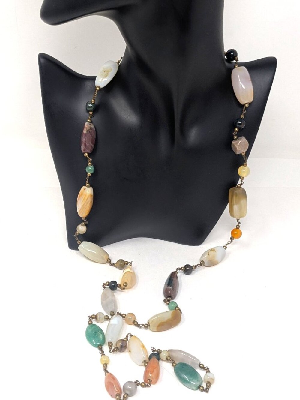 VTG Natural Stone Necklace Tumbled Quartz Carnelian Bloodstone 40" wired link
